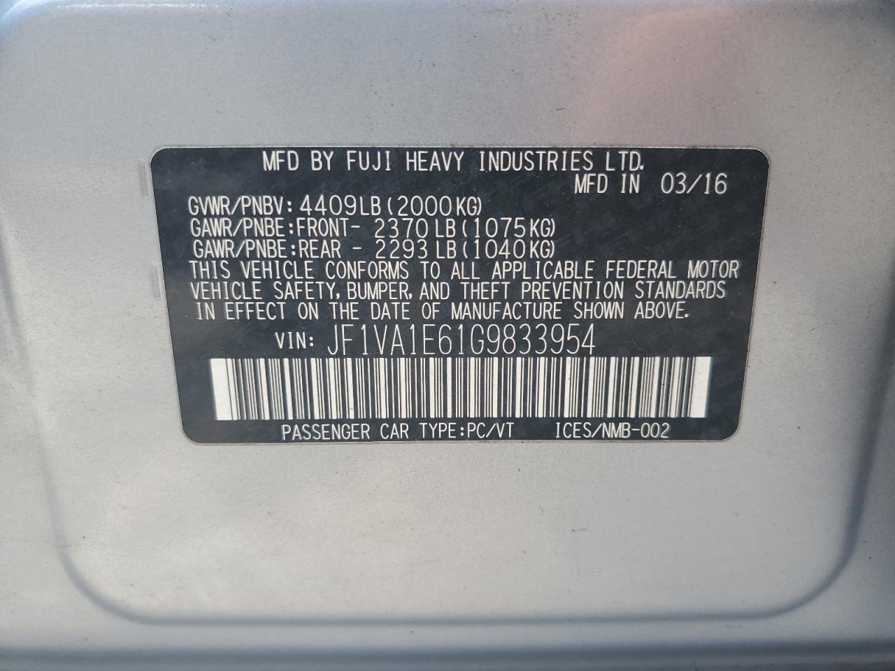 2016 Subaru Wrx Premium VIN: JF1VA1E61G9833954 Lot: 66182185