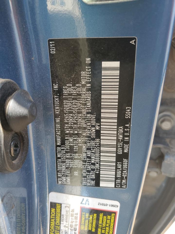 2011 Toyota Venza VIN: 4T3BK3BB9BU051496 Lot: 62952925