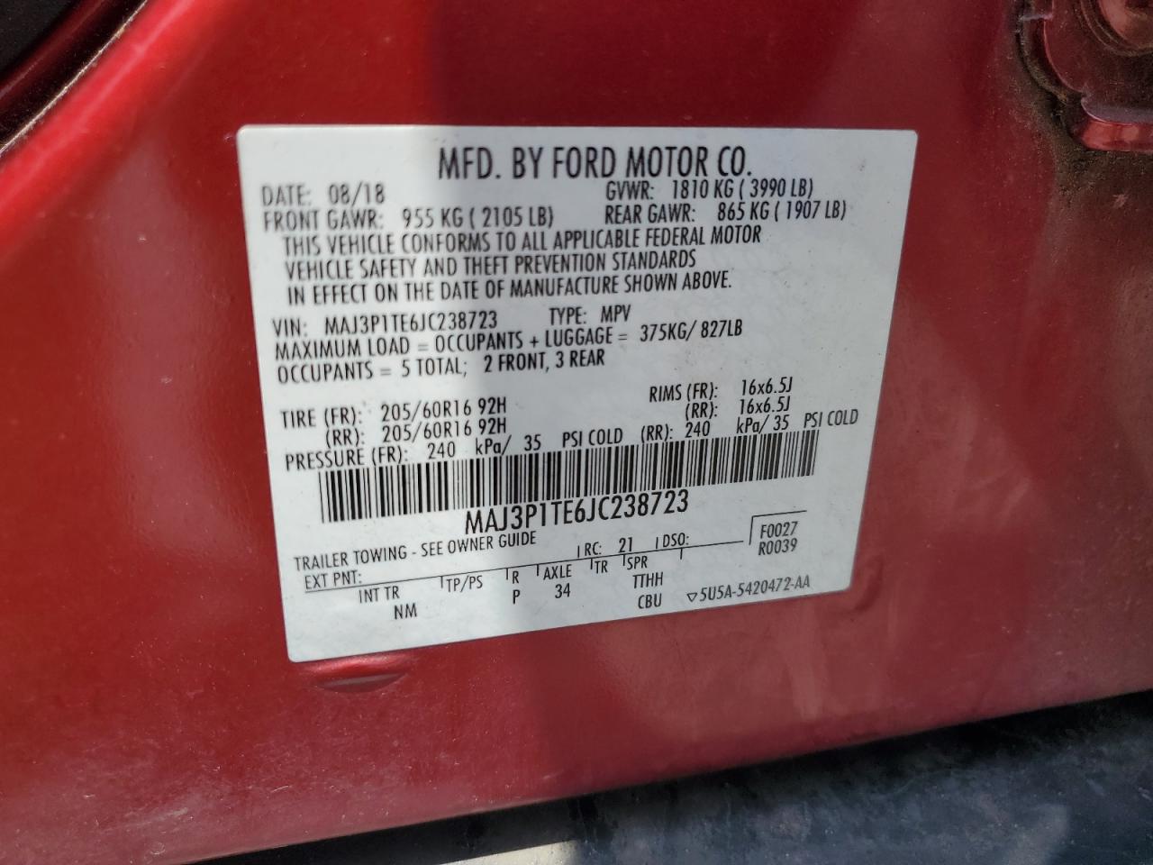 2018 Ford Ecosport Se VIN: MAJ3P1TE6JC238723 Lot: 64176605