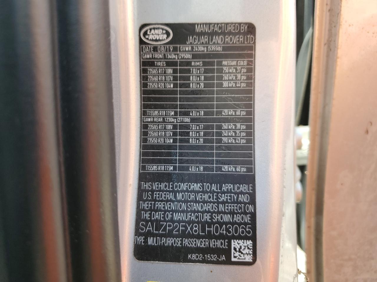 2020 Land Rover Range Rover Evoque Se VIN: SALZP2FX8LH043065 Lot: 63598565