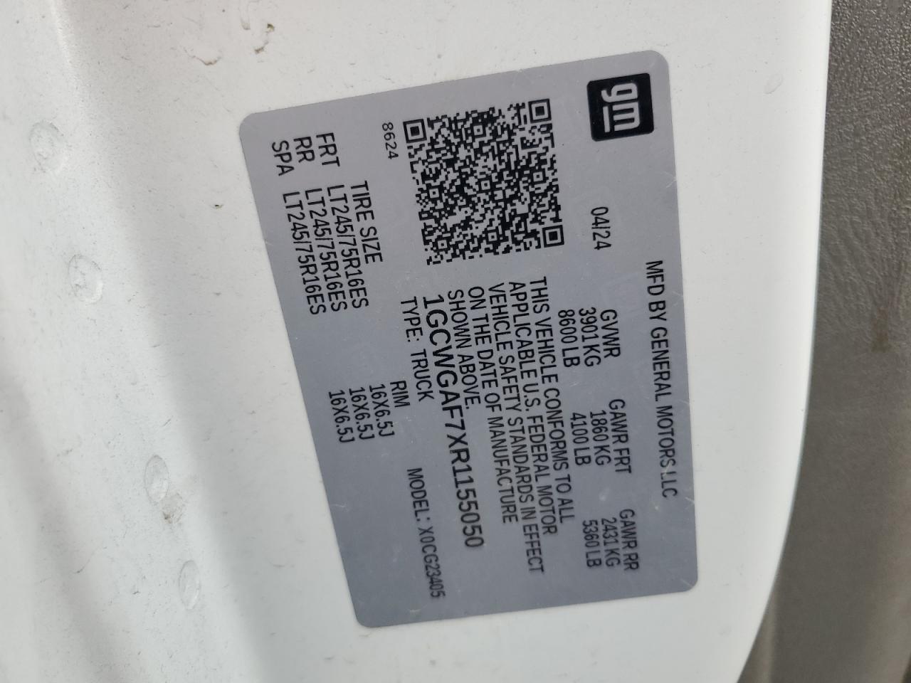 2024 Chev G25 Express VIN: 1GCWGAF7XR1155050 Lot: 64496275