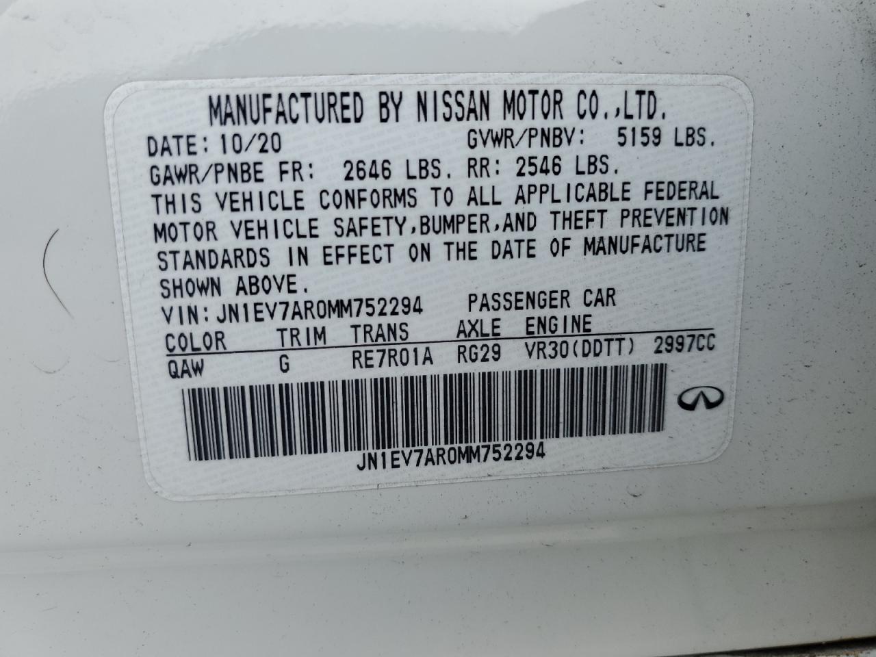 2021 Infiniti Q50 Pure VIN: JN1EV7AR0MM752294 Lot: 62445595