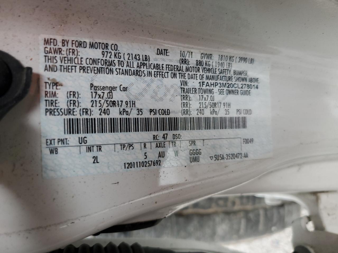 2012 Ford Focus Sel VIN: 1FAHP3M20CL278014 Lot: 64894965