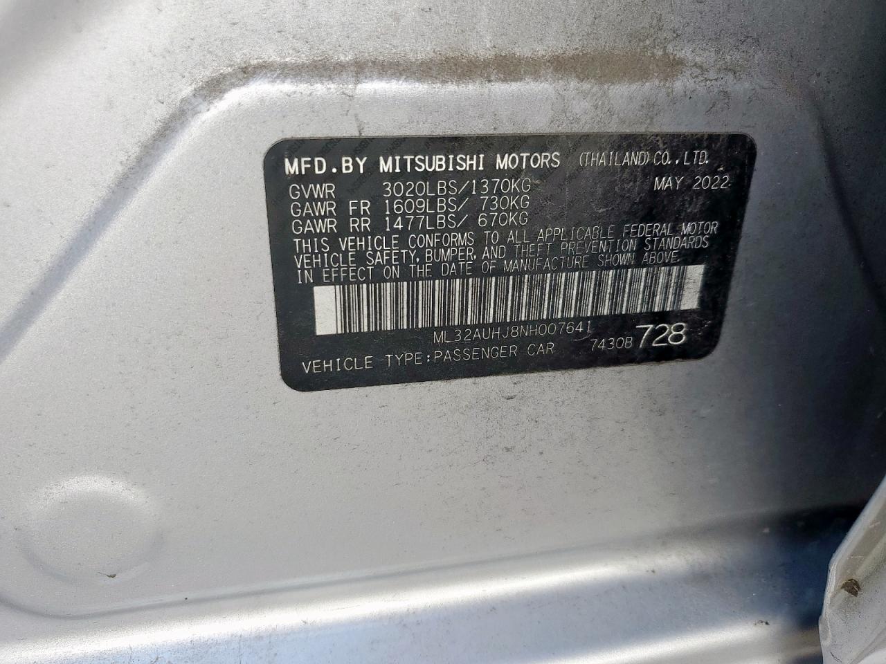 2022 Mitsubishi Mirage Es VIN: ML32AUHJ8NH007641 Lot: 64172745