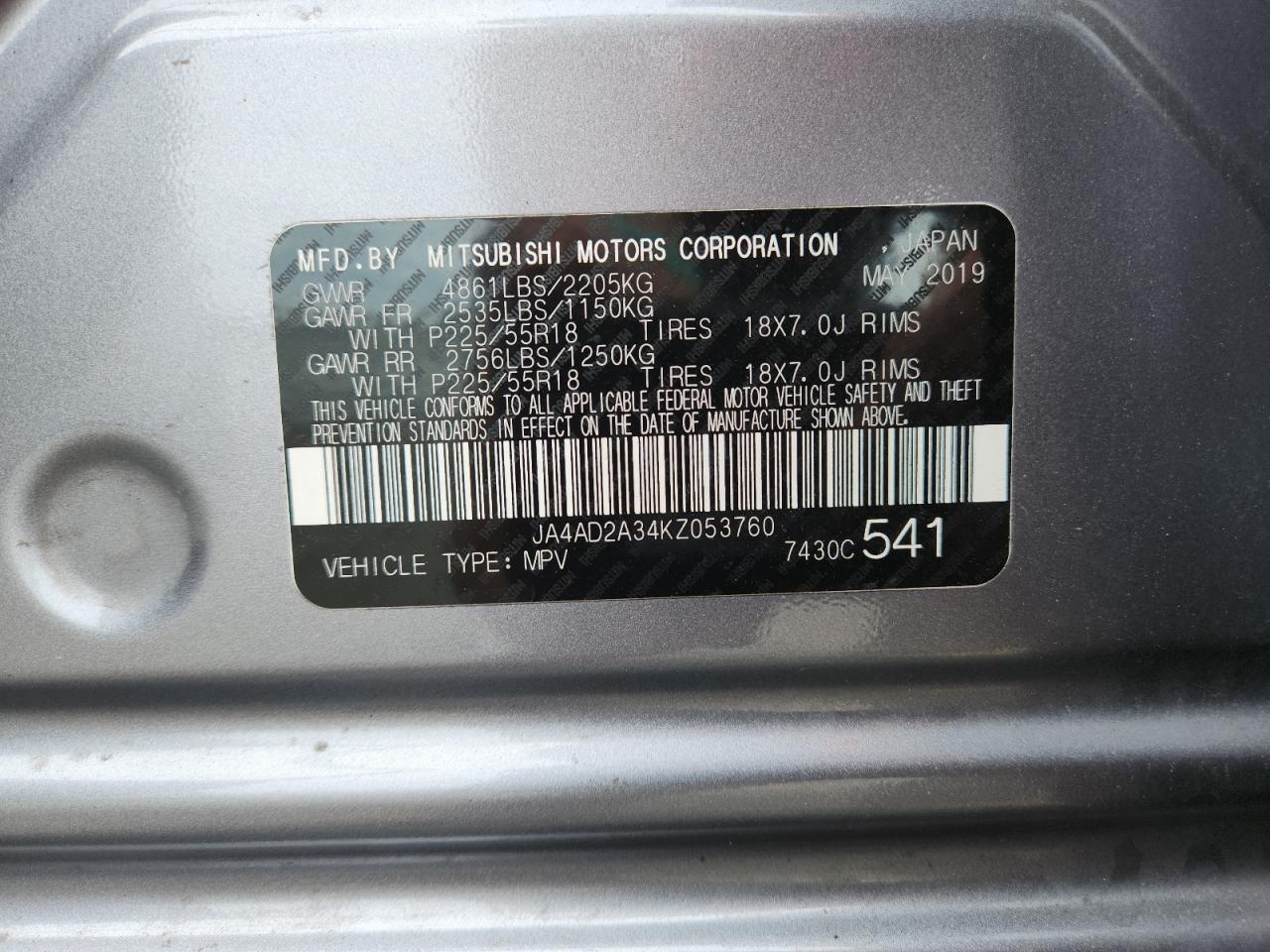 2019 Mitsubishi Outlander Es VIN: JA4AD2A34KZ053760 Lot: 64562245