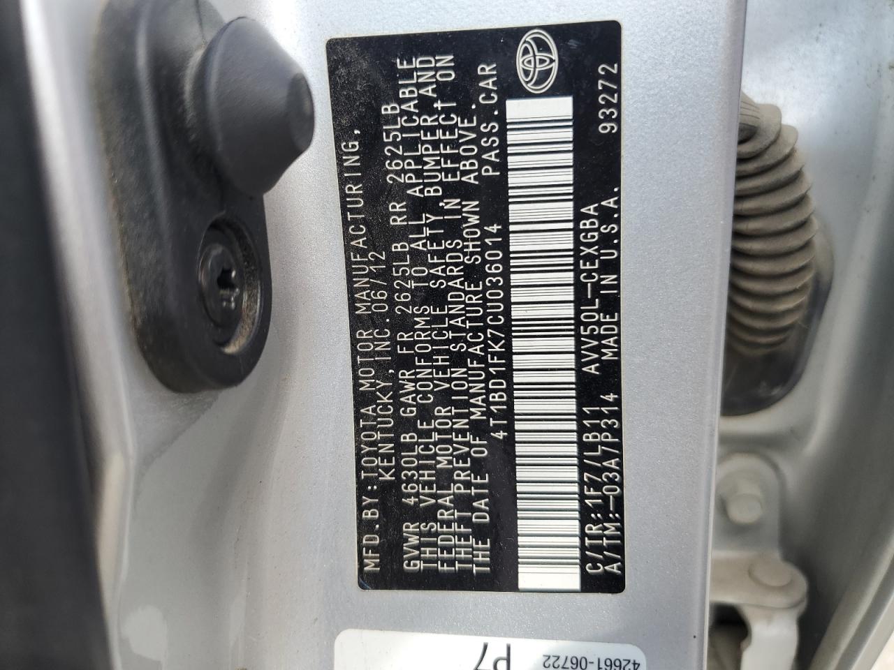 2012 Toyota Camry Hybrid VIN: 4T1BD1FK7CU036014 Lot: 64679875