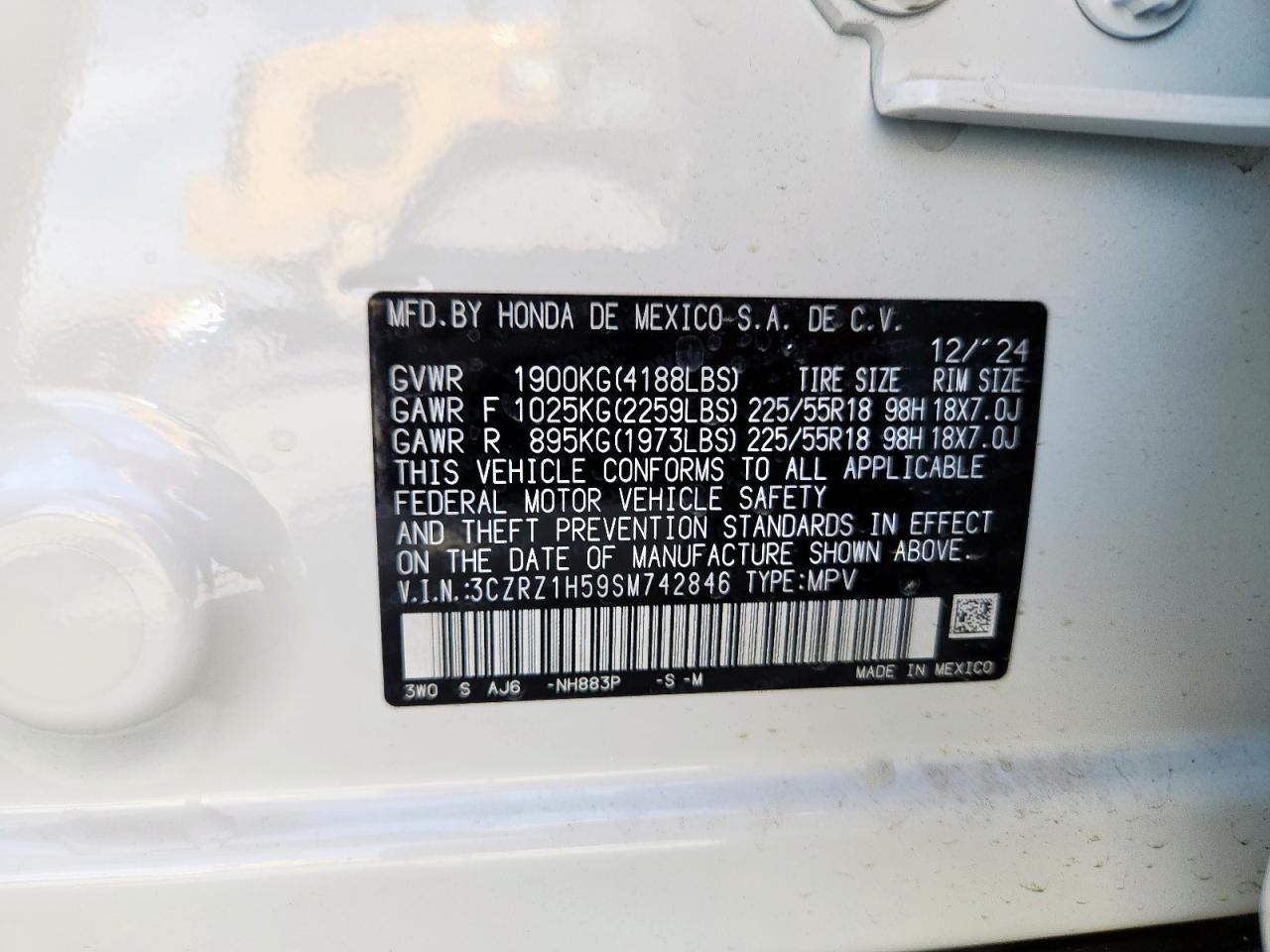 2025 Honda Hr-V Sport VIN: 3CZRZ1H59SM742846 Lot: 63031115