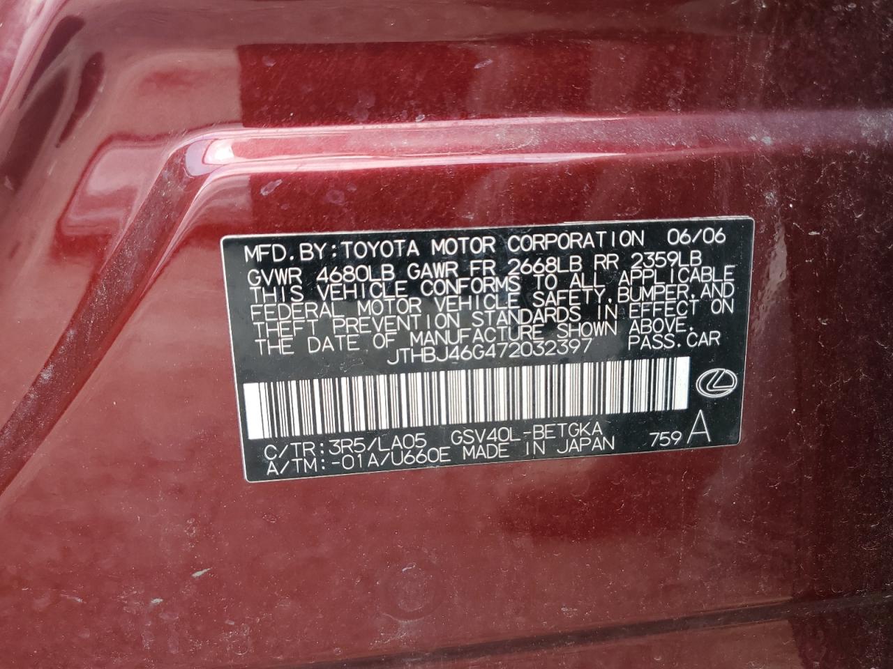 2007 Lexus Es 350 VIN: JTHBJ46G472032397 Lot: 63044045