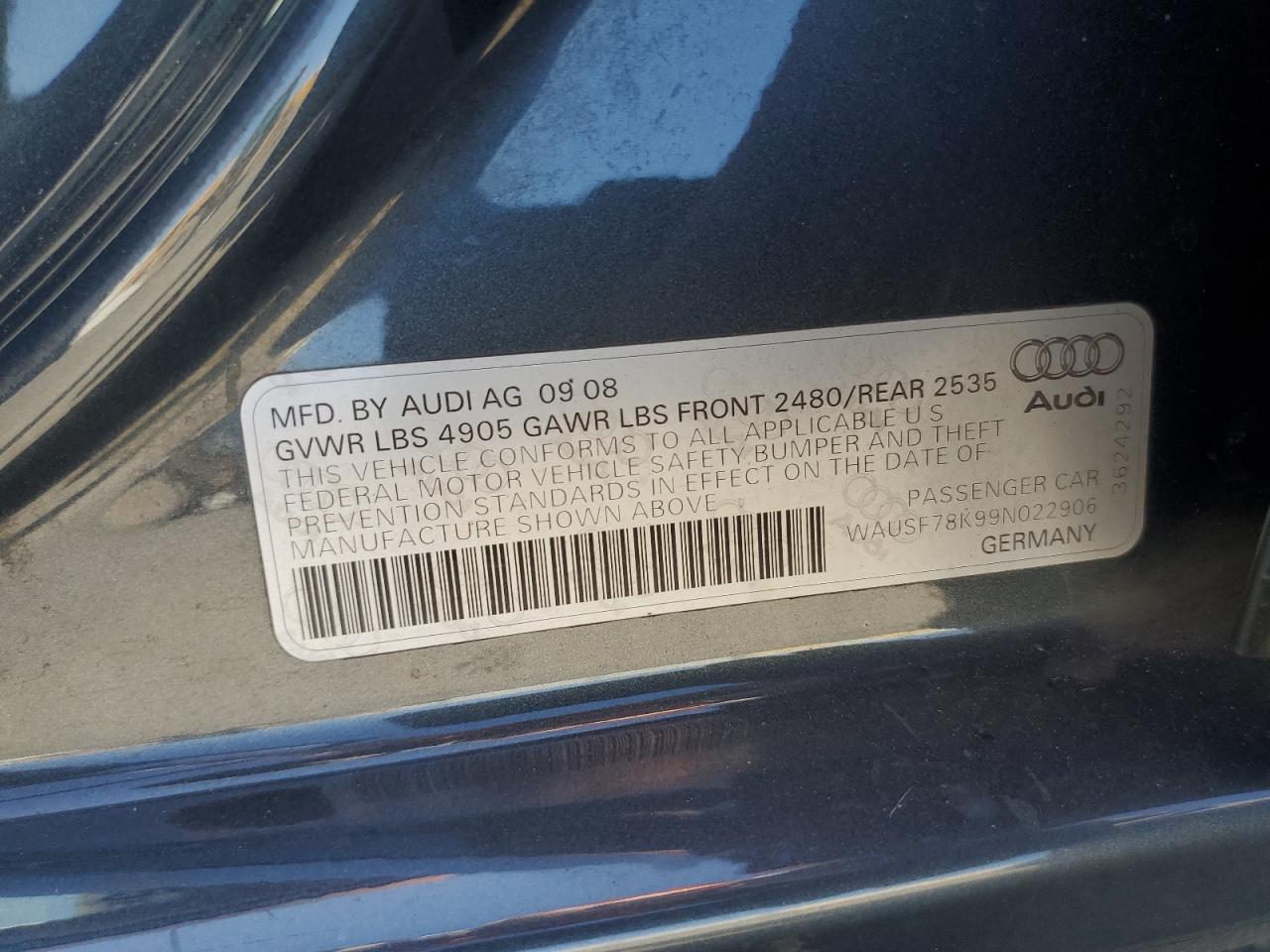 2009 Audi A4 Premium Plus VIN: WAUSF78K99N022906 Lot: 64119345