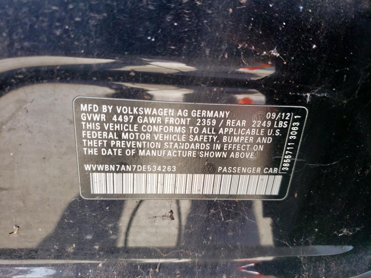 2013 Volkswagen Cc Sport VIN: WVWBN7AN7DE534263 Lot: 67238525