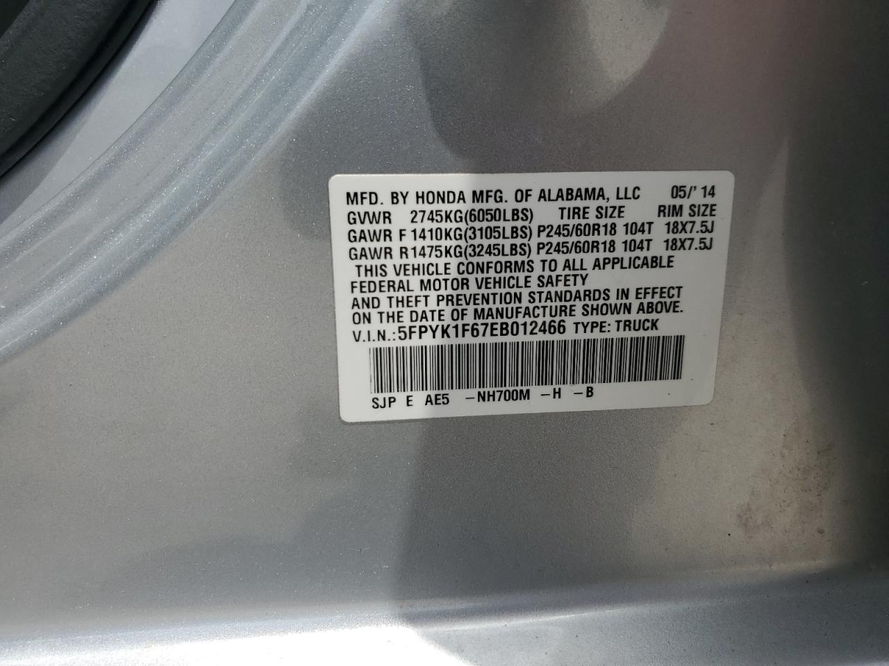 5fpyk1f67eb012466 5FPYK1F67EB012466 2014 Honda Ridgeline Rtl-S