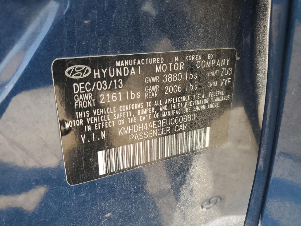 2014 Hyundai Elantra Se VIN: KMHDH4AE3EU060880 Lot: 65010985