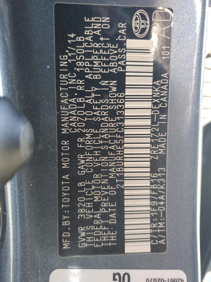 2015 Toyota Corolla L VIN: 2T1BURHE5FC313366 Lot: 63663225