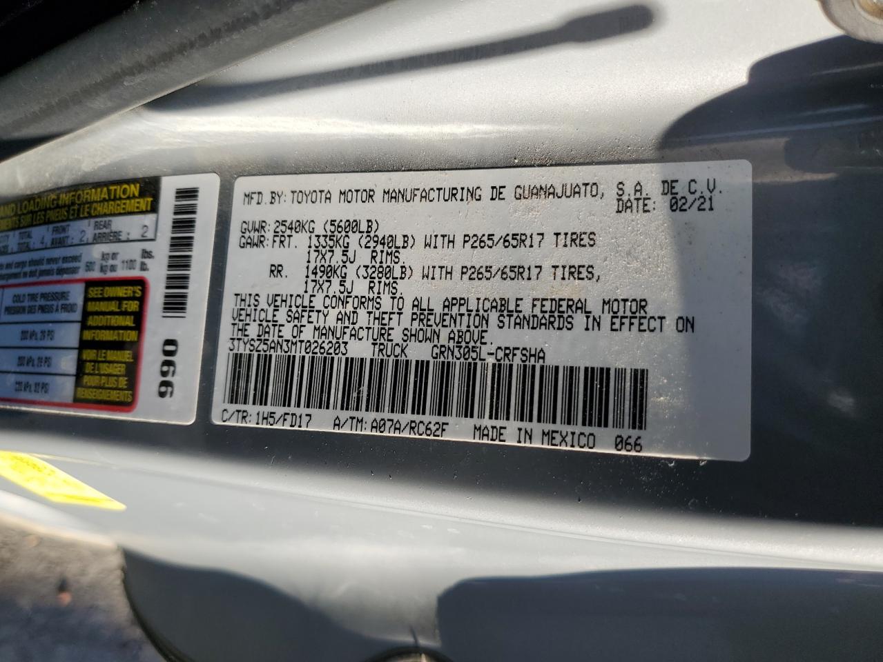 2021 Toyota Tacoma Access Cab VIN: 3TYSZ5AN3MT026203 Lot: 64865335