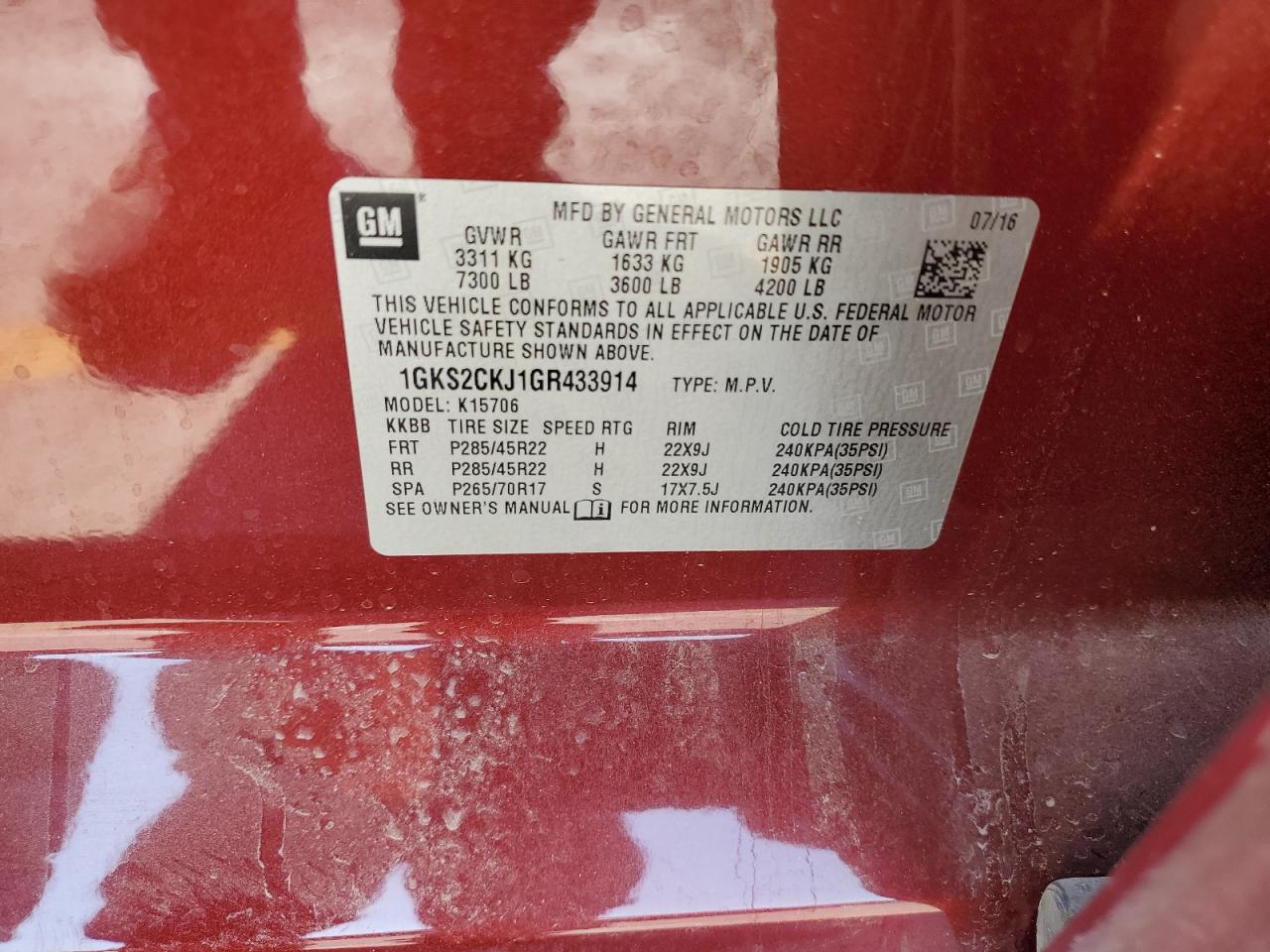 2016 GMC Yukon Denali VIN: 1GKS2CKJ1GR433914 Lot: 65275935