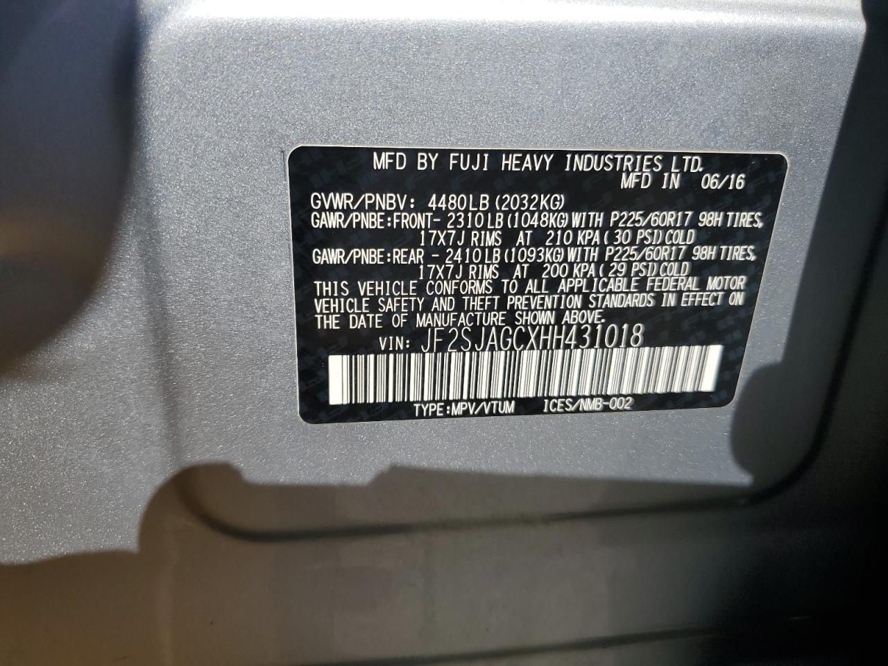 2017 Subaru Forester 2.5I Premium VIN: JF2SJAGCXHH431018 Lot: 63274775