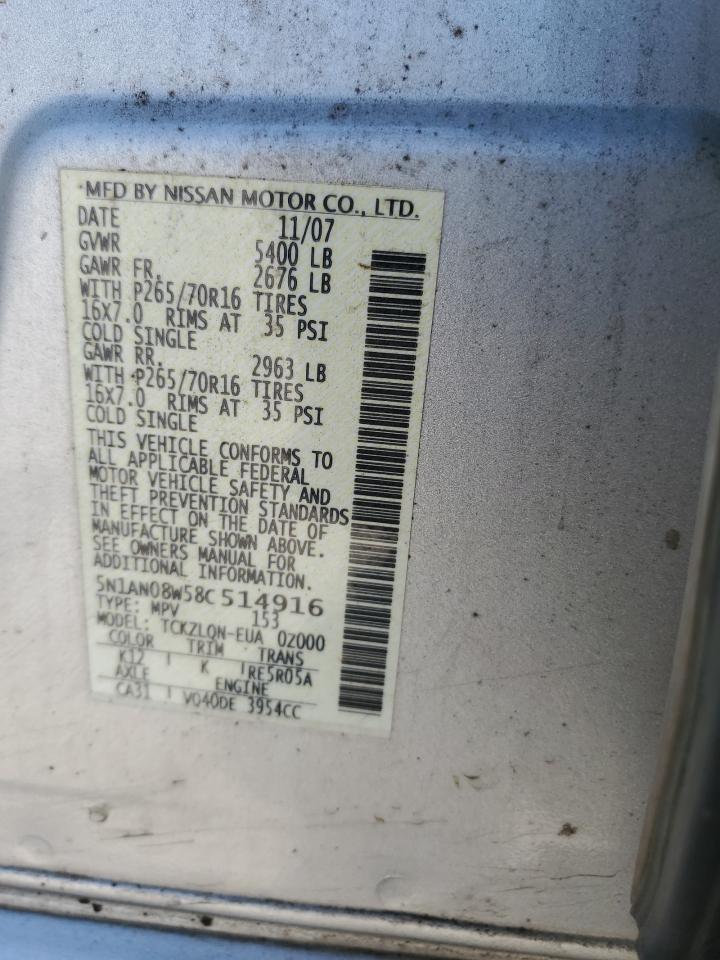 2008 Nissan Xterra Off Road VIN: 5N1AN08W58C514916 Lot: 63622375
