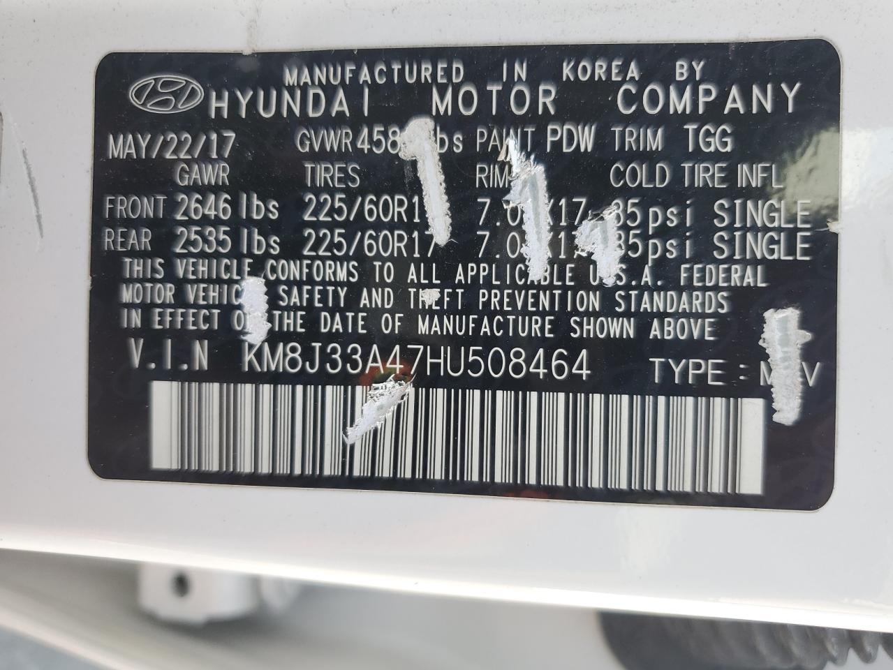 2017 Hyundai Tucson Limited VIN: KM8J33A47HU508464 Lot: 65294445