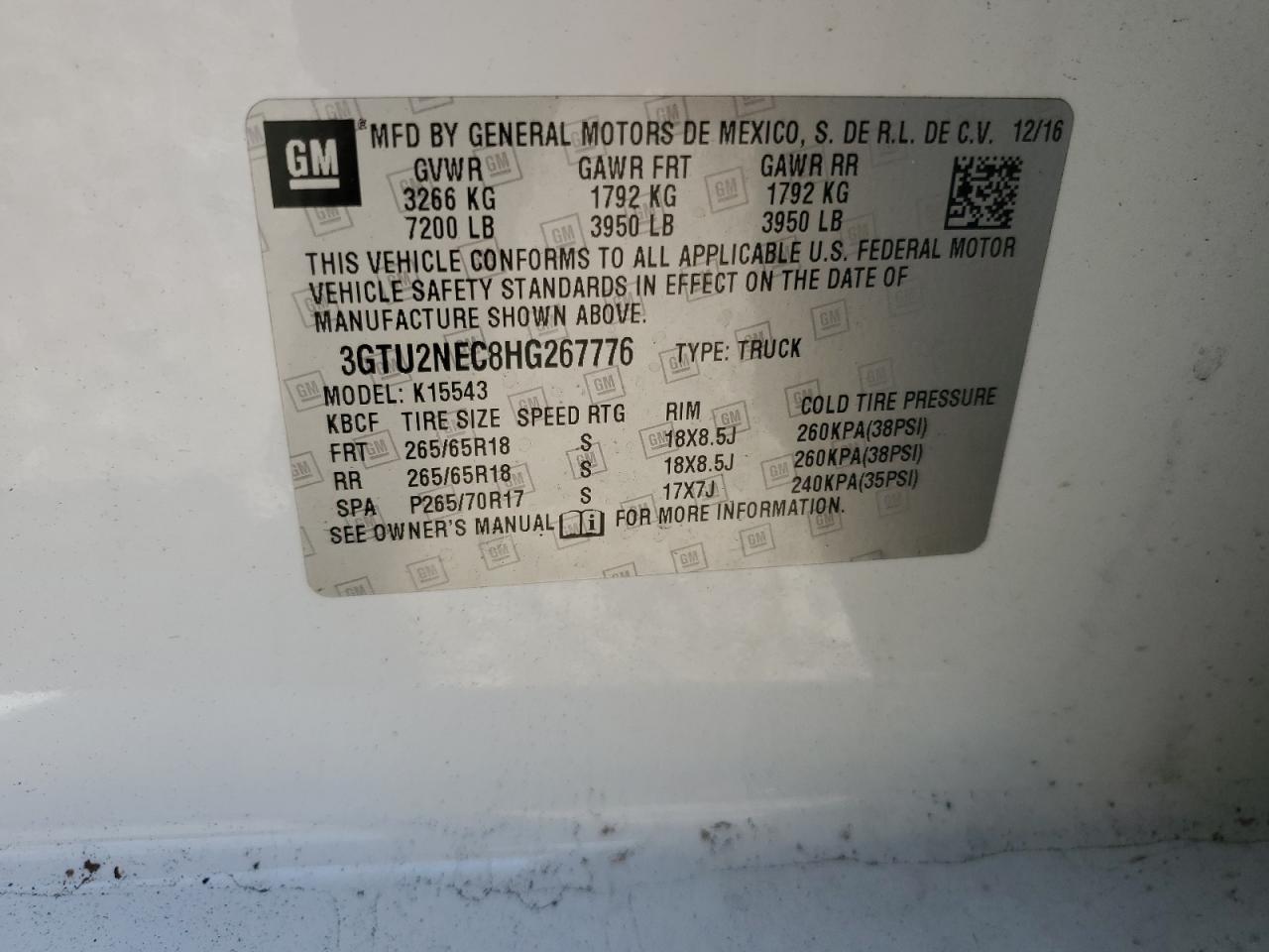 2017 GMC Sierra K1500 Slt VIN: 3GTU2NEC8HG267776 Lot: 65903885