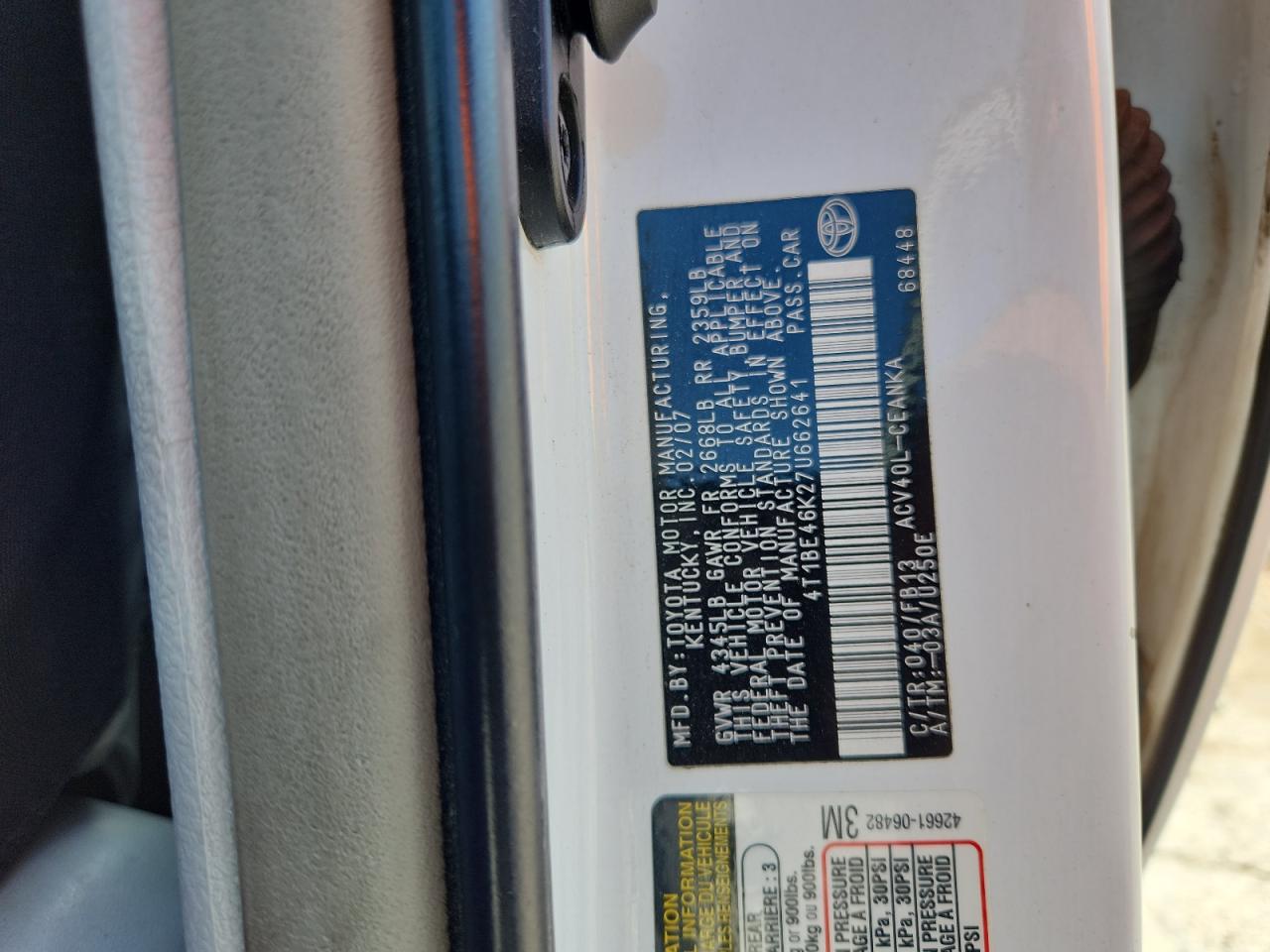 2007 Toyota Camry Ce VIN: 4T1BE46K27U662641 Lot: 65713305
