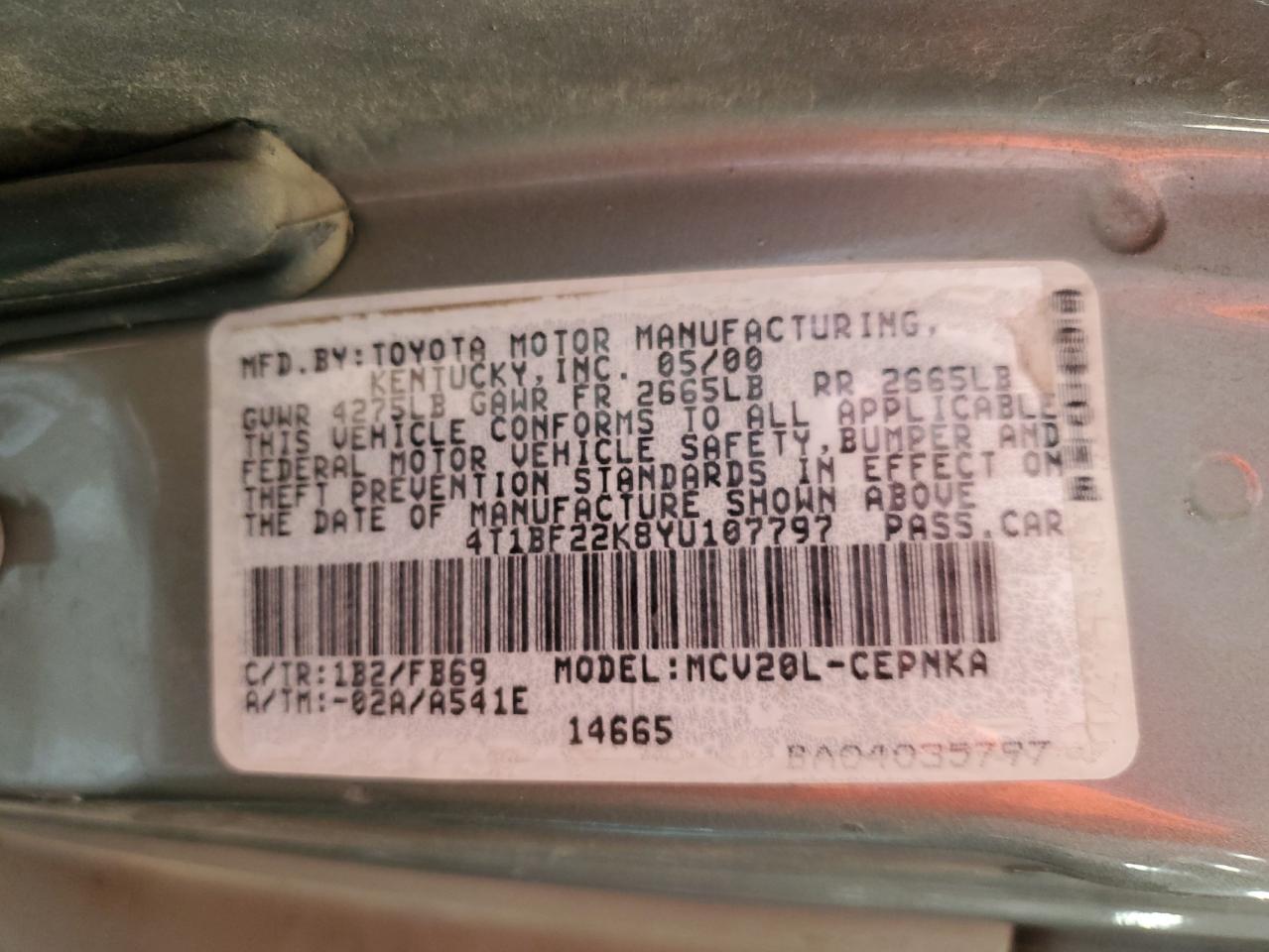 2000 Toyota Camry Le VIN: 4T1BF22K8YU107797 Lot: 65442815