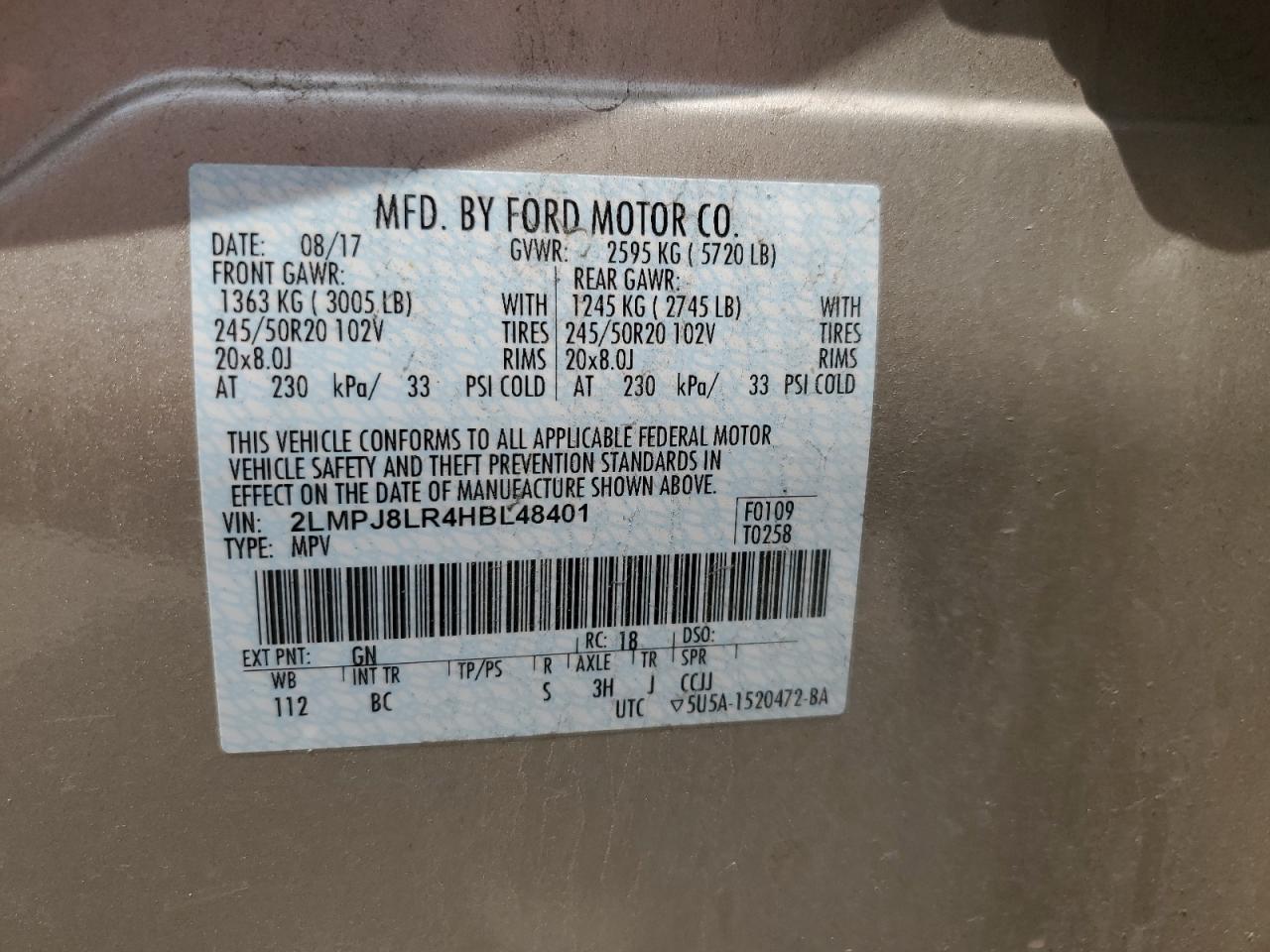 2017 Lincoln Mkx Reserve VIN: 2LMPJ8LR4HBL48401 Lot: 66480125