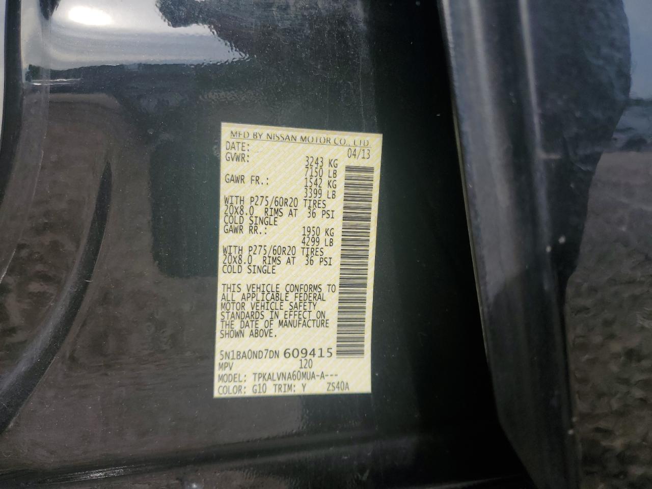 2013 Nissan Armada Sv VIN: 5N1BA0ND7DN609415 Lot: 62941855