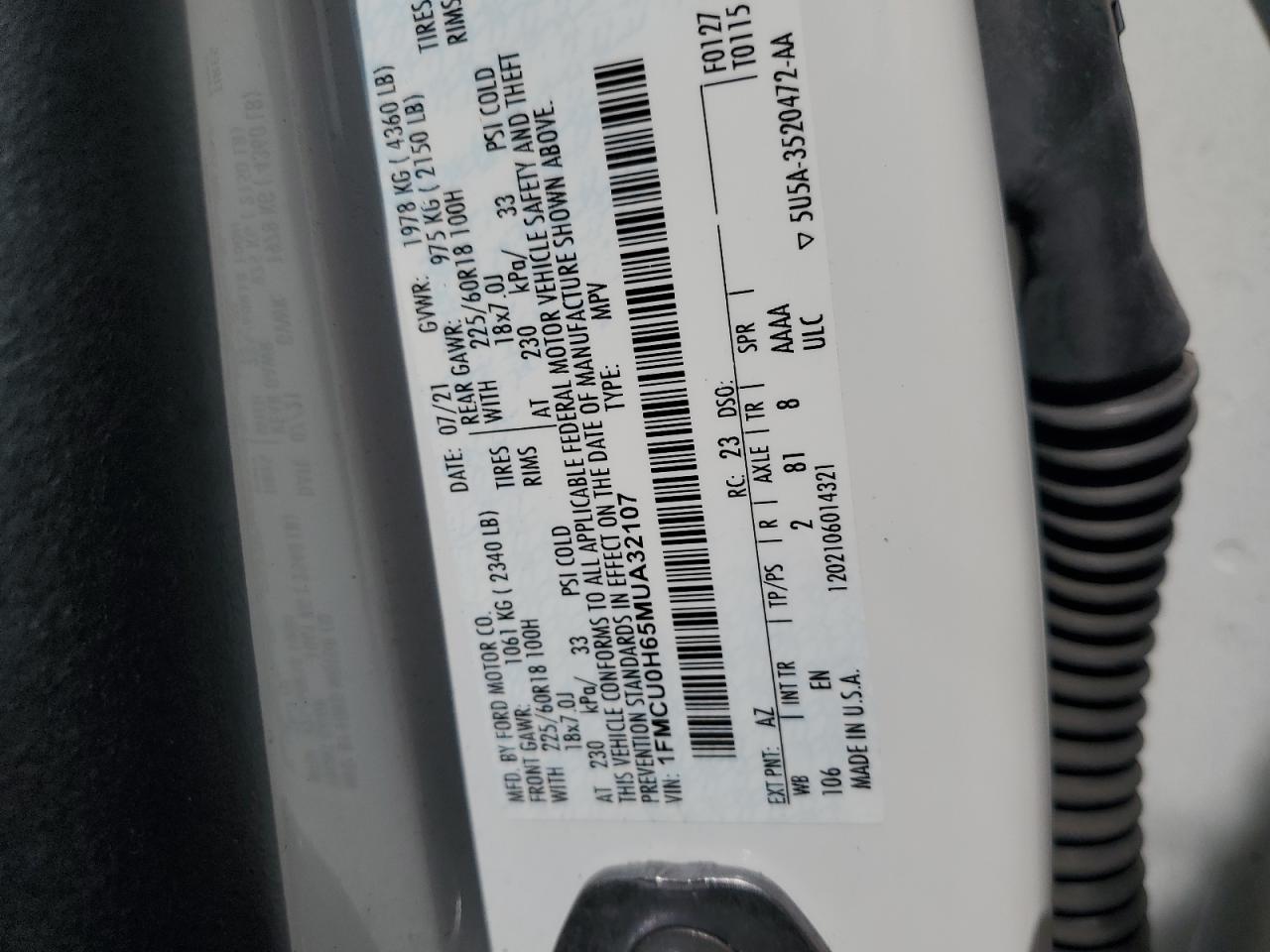 2021 Ford Escape Sel VIN: 1FMCU0H65MUA32107 Lot: 64605995