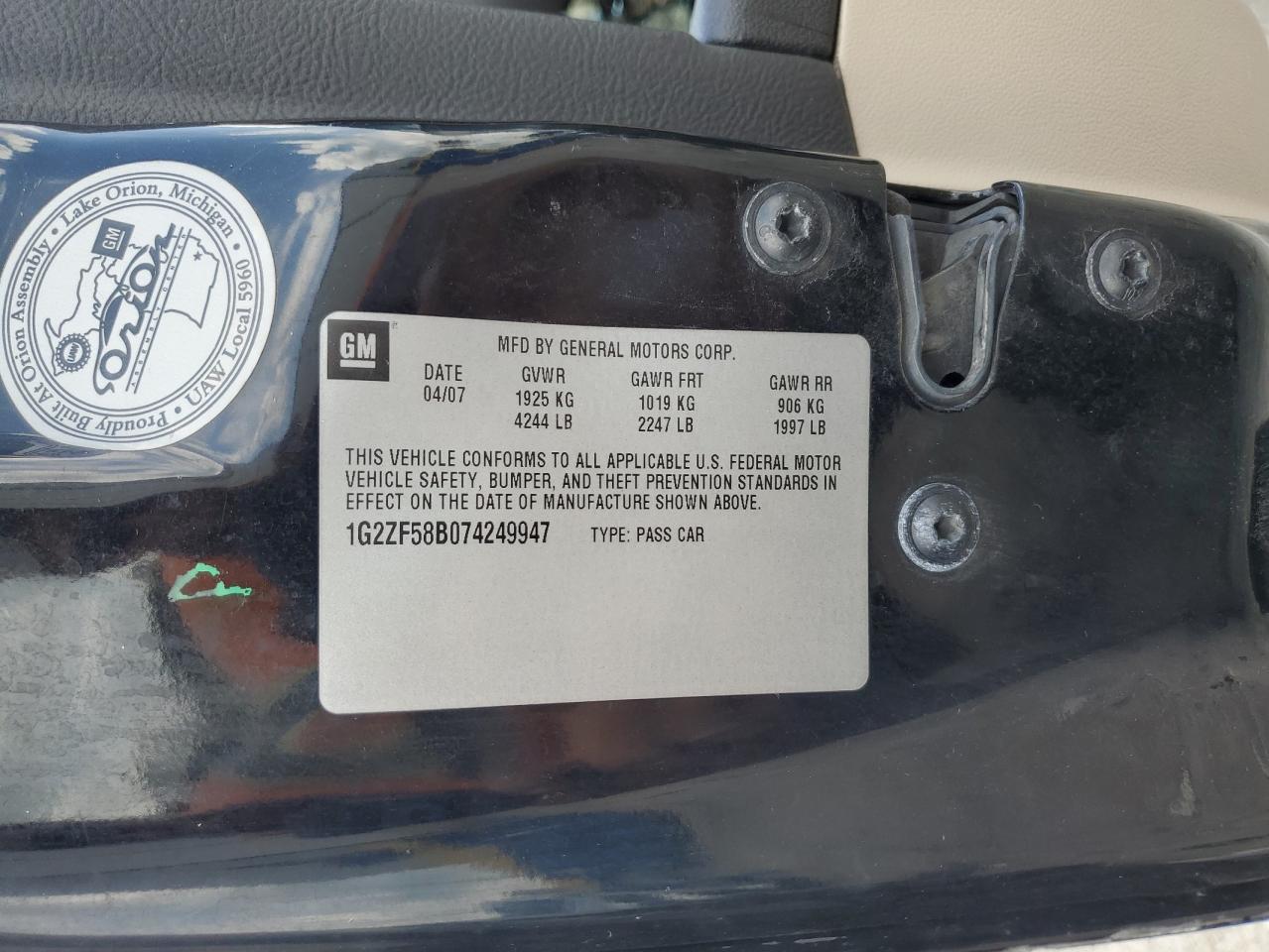 2007 Pontiac G6 Value Leader VIN: 1G2ZF58B074249947 Lot: 63294475