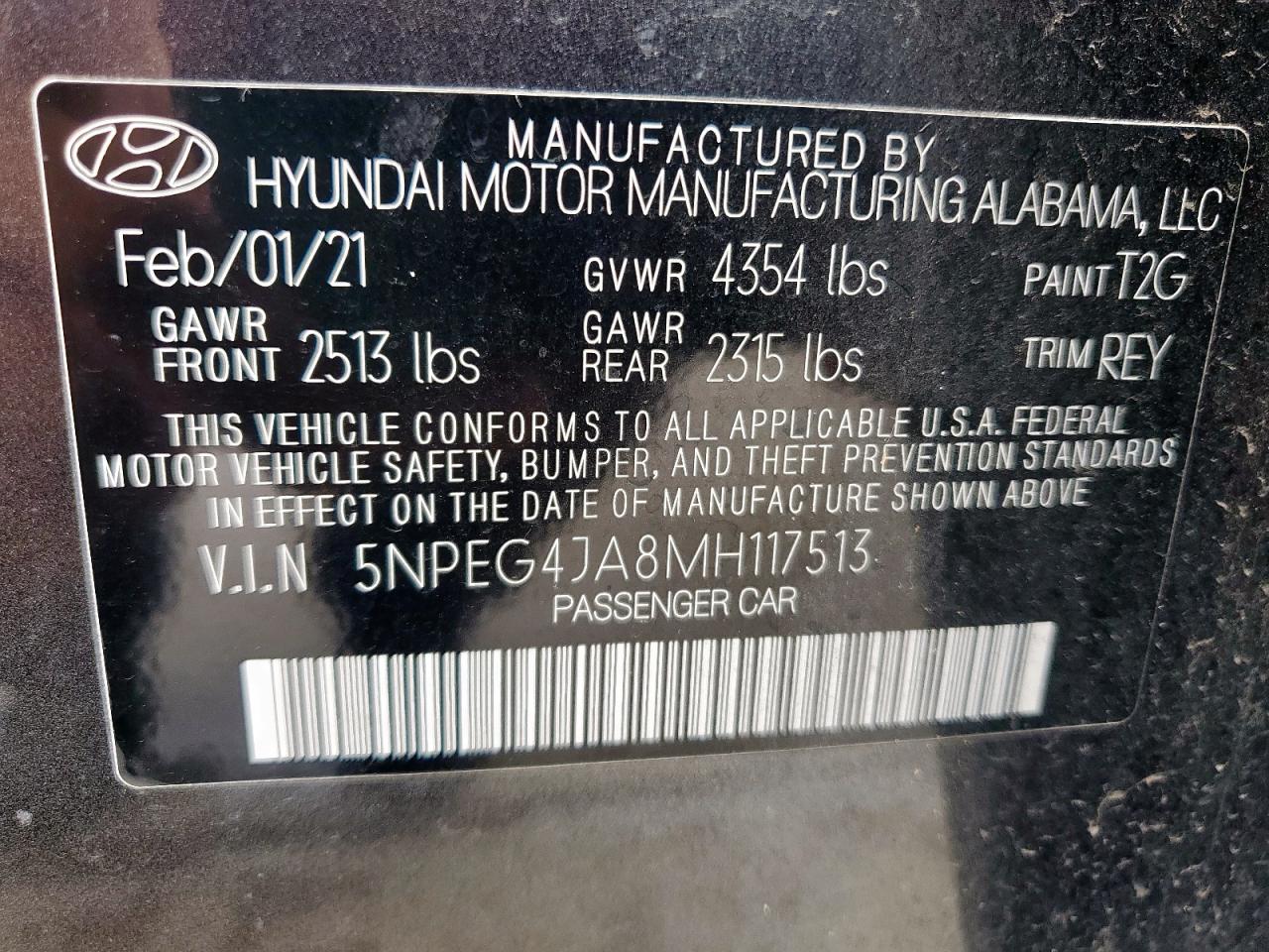 2021 Hyundai Sonata Se VIN: 5NPEG4JA8MH117513 Lot: 64425205