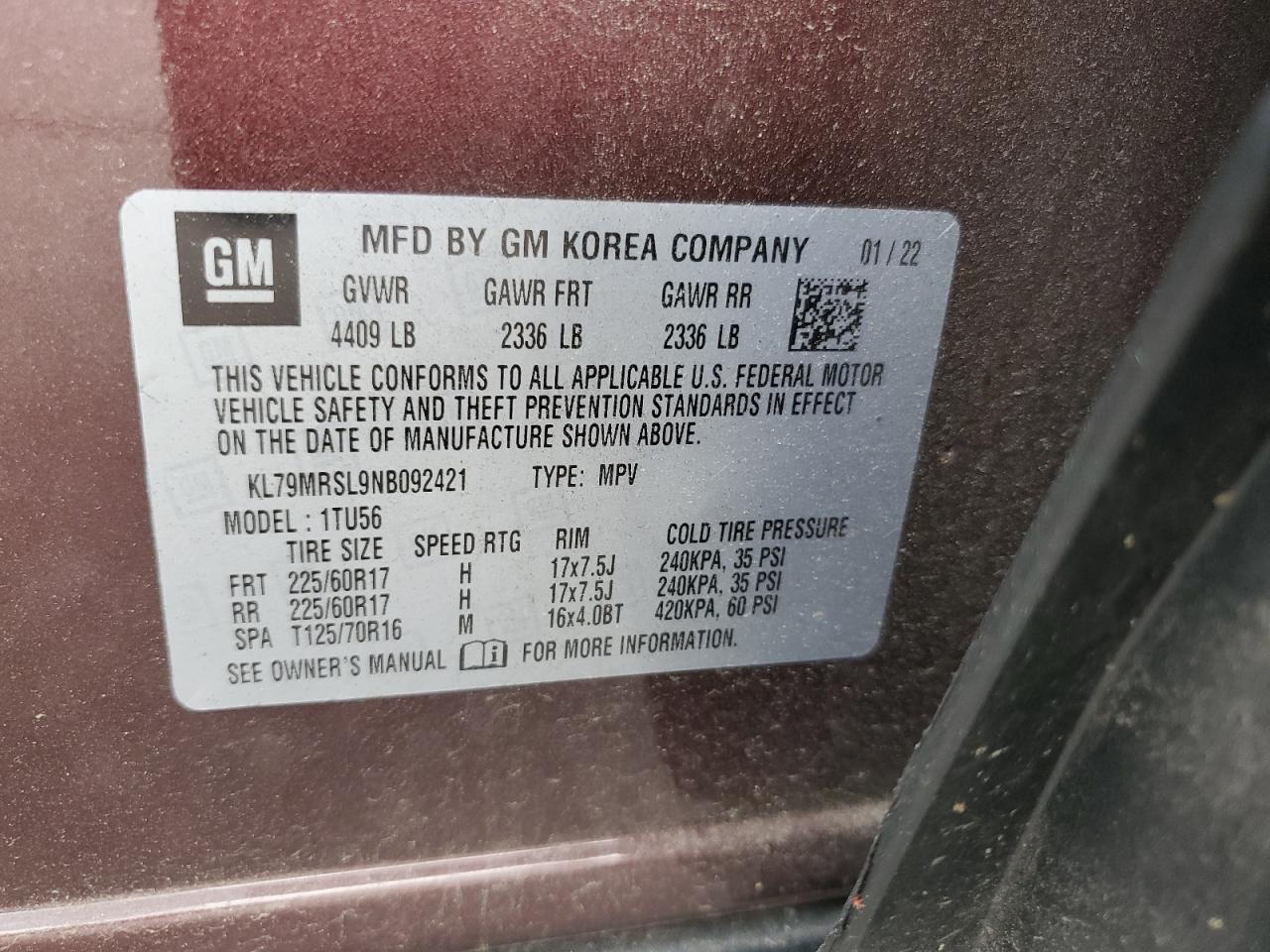 2022 Chevrolet Trailblazer Lt VIN: KL79MRSL9NB092421 Lot: 64768685