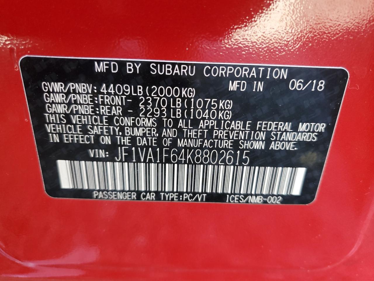 2019 Subaru Wrx Premium VIN: JF1VA1F64K8802615 Lot: 66733195