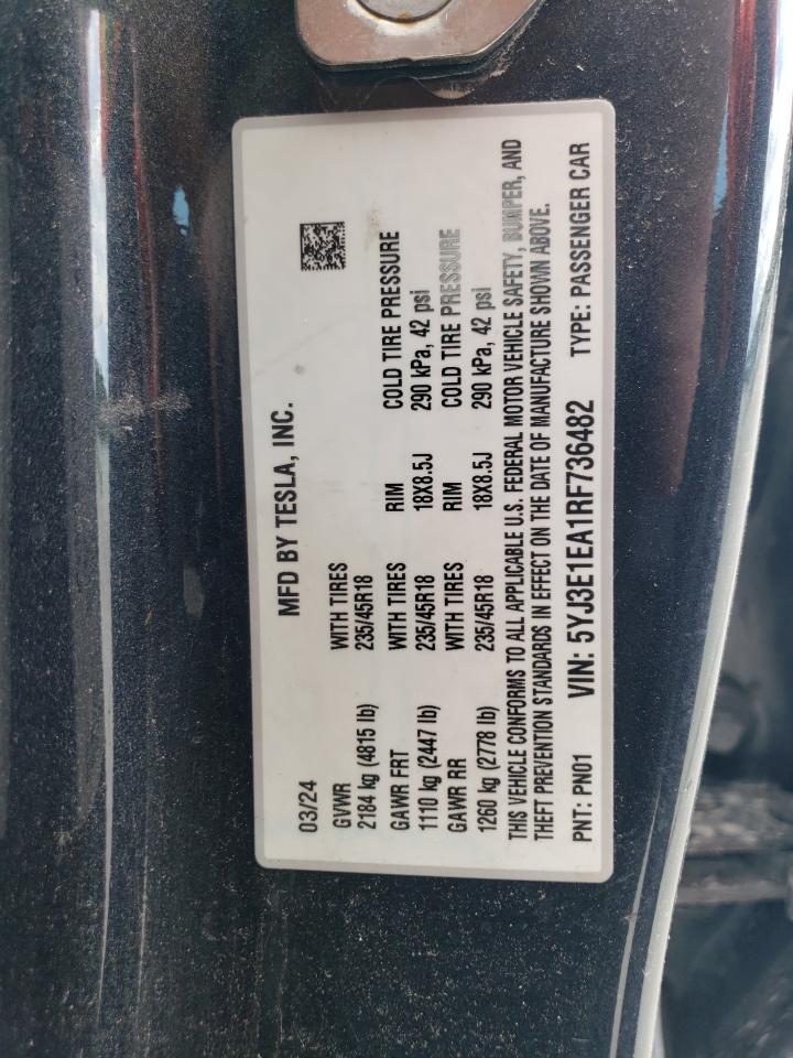 2024 Tesla Model 3 VIN: 5YJ3E1EA1RF736482 Lot: 64515795