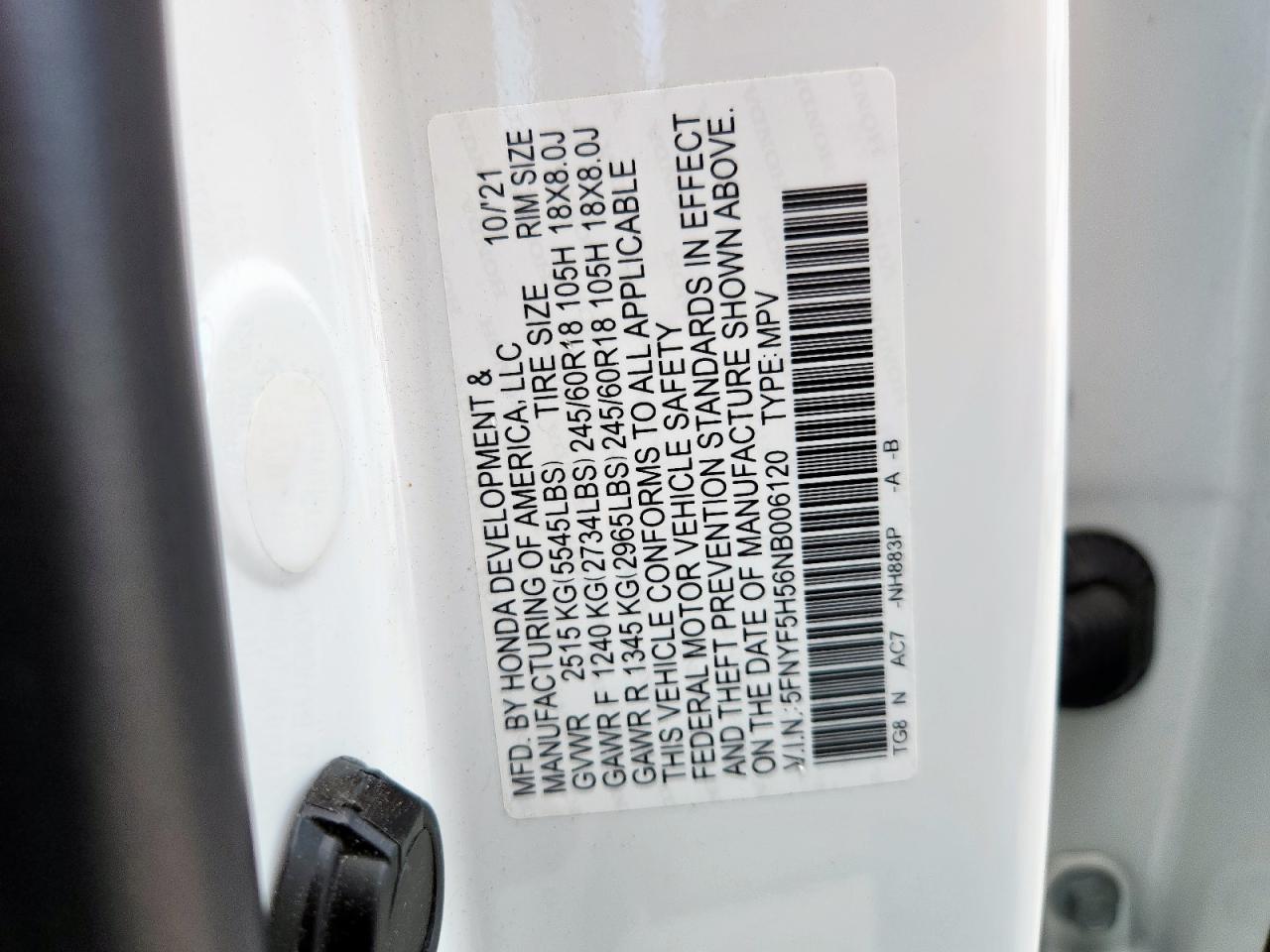 2022 Honda Pilot Exl VIN: 5FNYF5H56NB006120 Lot: 65126205