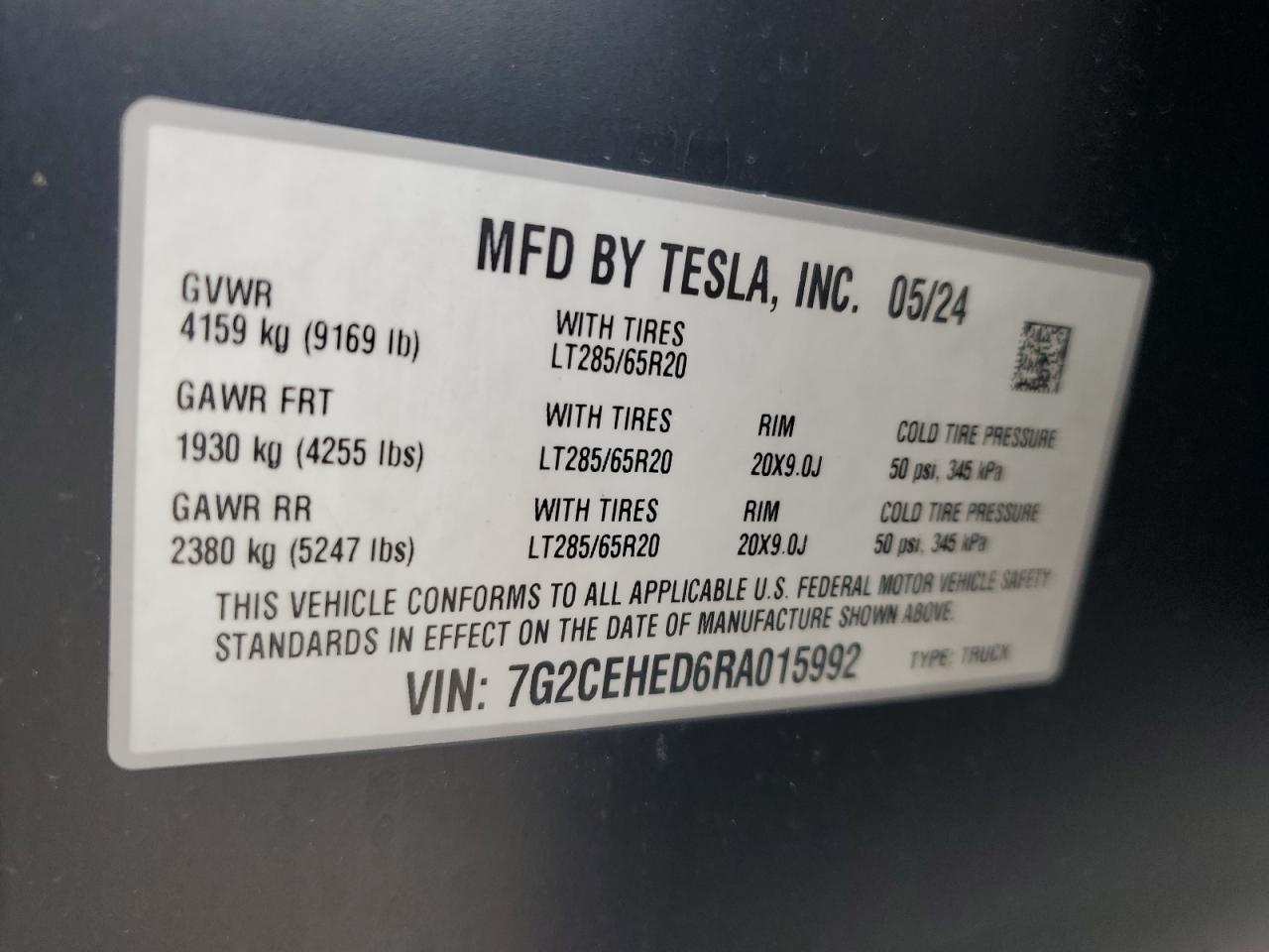 2024 Tesla Cybertruck VIN: 7G2CEHED6RA015992 Lot: 64204905