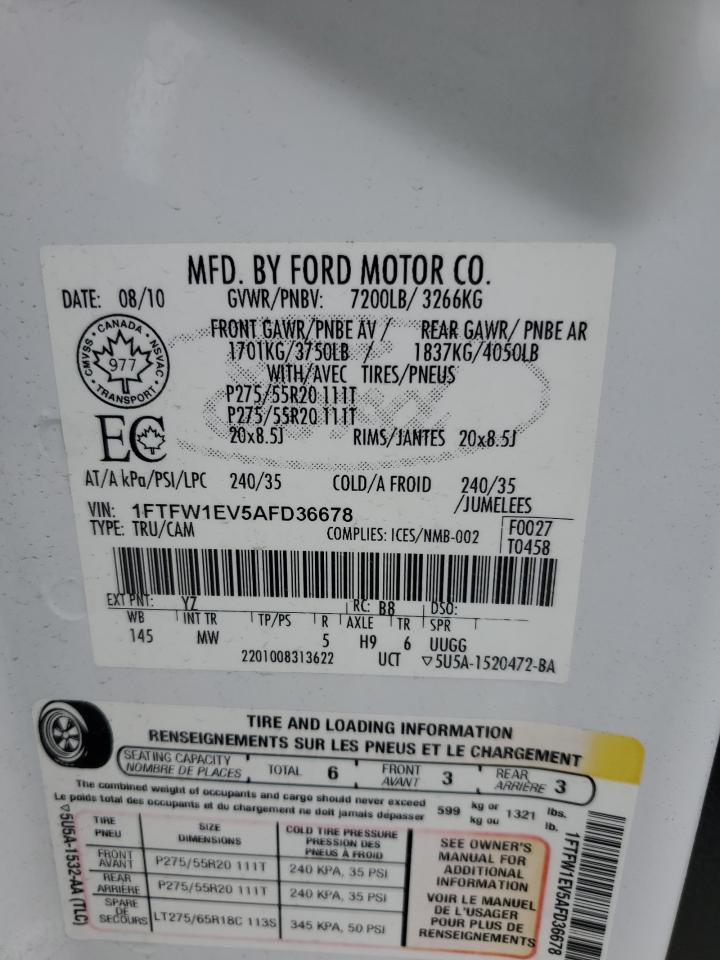 2010 Ford F150 Supercrew VIN: 1FTFW1EV5AFD36678 Lot: 64719625