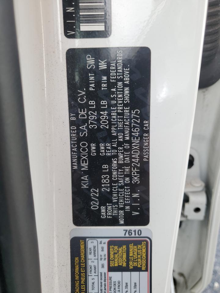 3KPF24ADXNE467275 2022 Kia Forte Fe