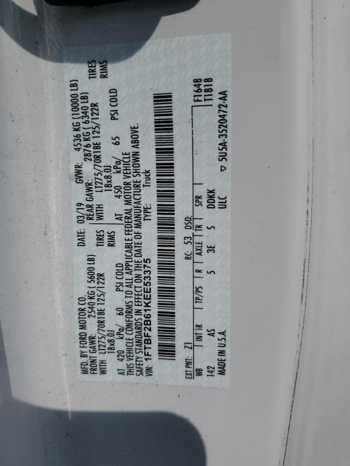 2019 Ford F250 Super Duty VIN: 1FTBF2B61KEE53375 Lot: 60272845