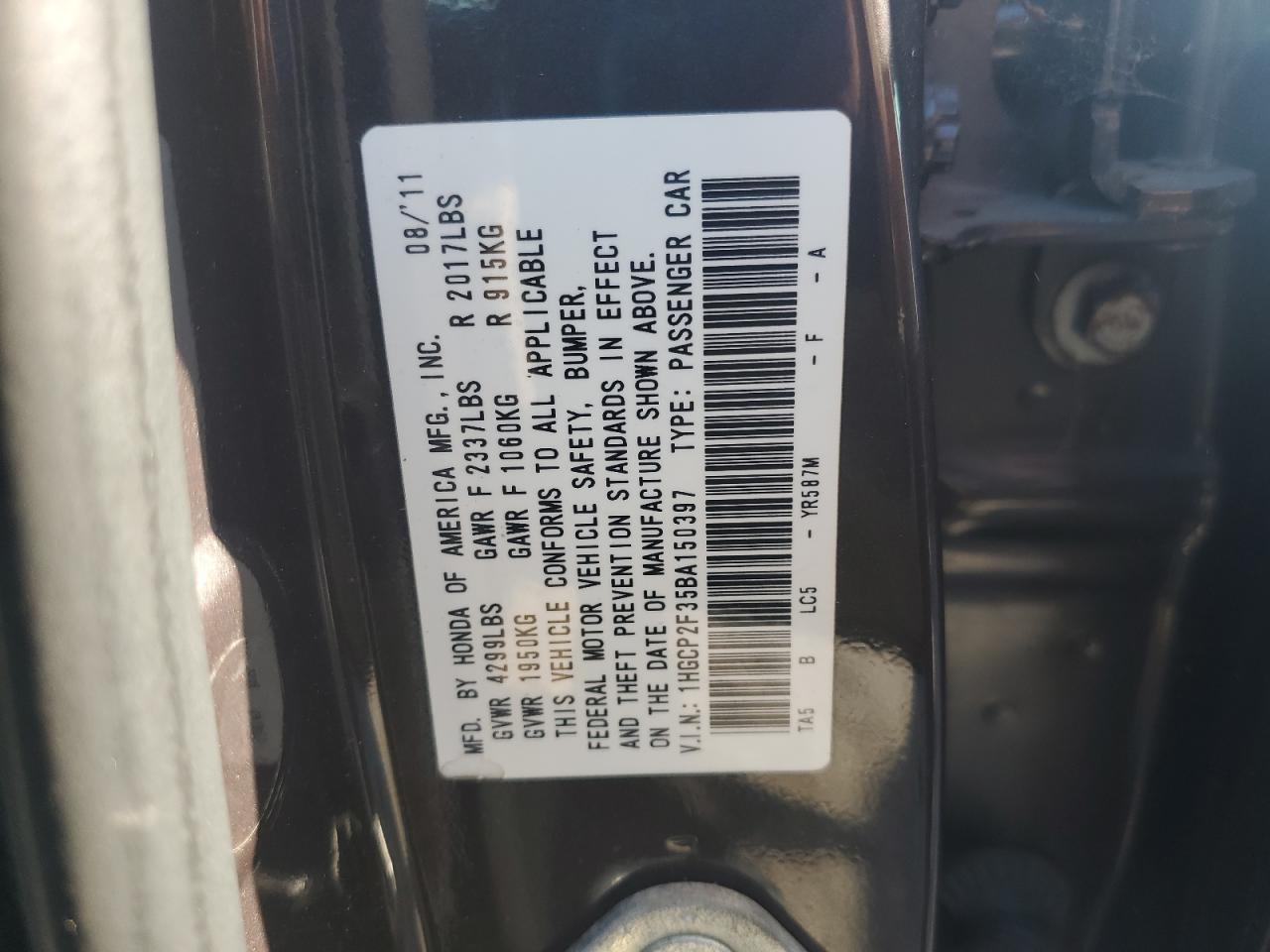 2011 Honda Accord Lx VIN: 1HGCP2F35BA150397 Lot: 66370245