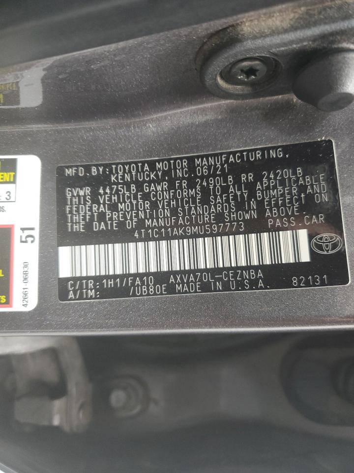 2021 Toyota Camry Le VIN: 4T1C11AK9MU597773 Lot: 64765625