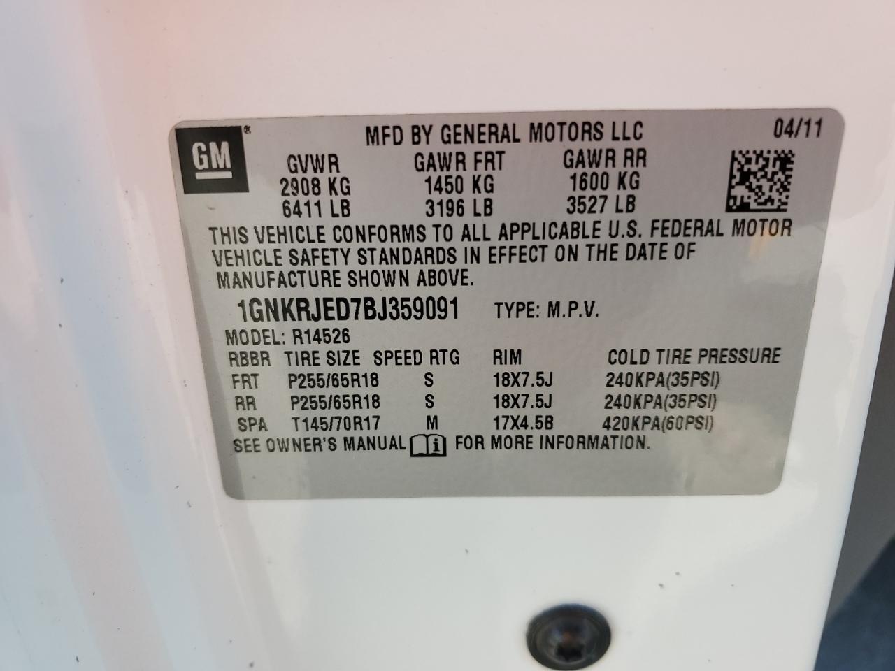 2011 Chevrolet Traverse Lt VIN: 1GNKRJED7BJ359091 Lot: 66636305