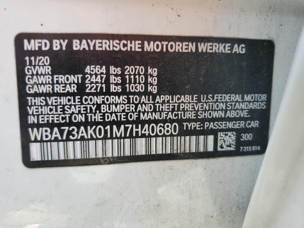 2021 BMW 228Xi VIN: WBA73AK01M7H40680 Lot: 65047705