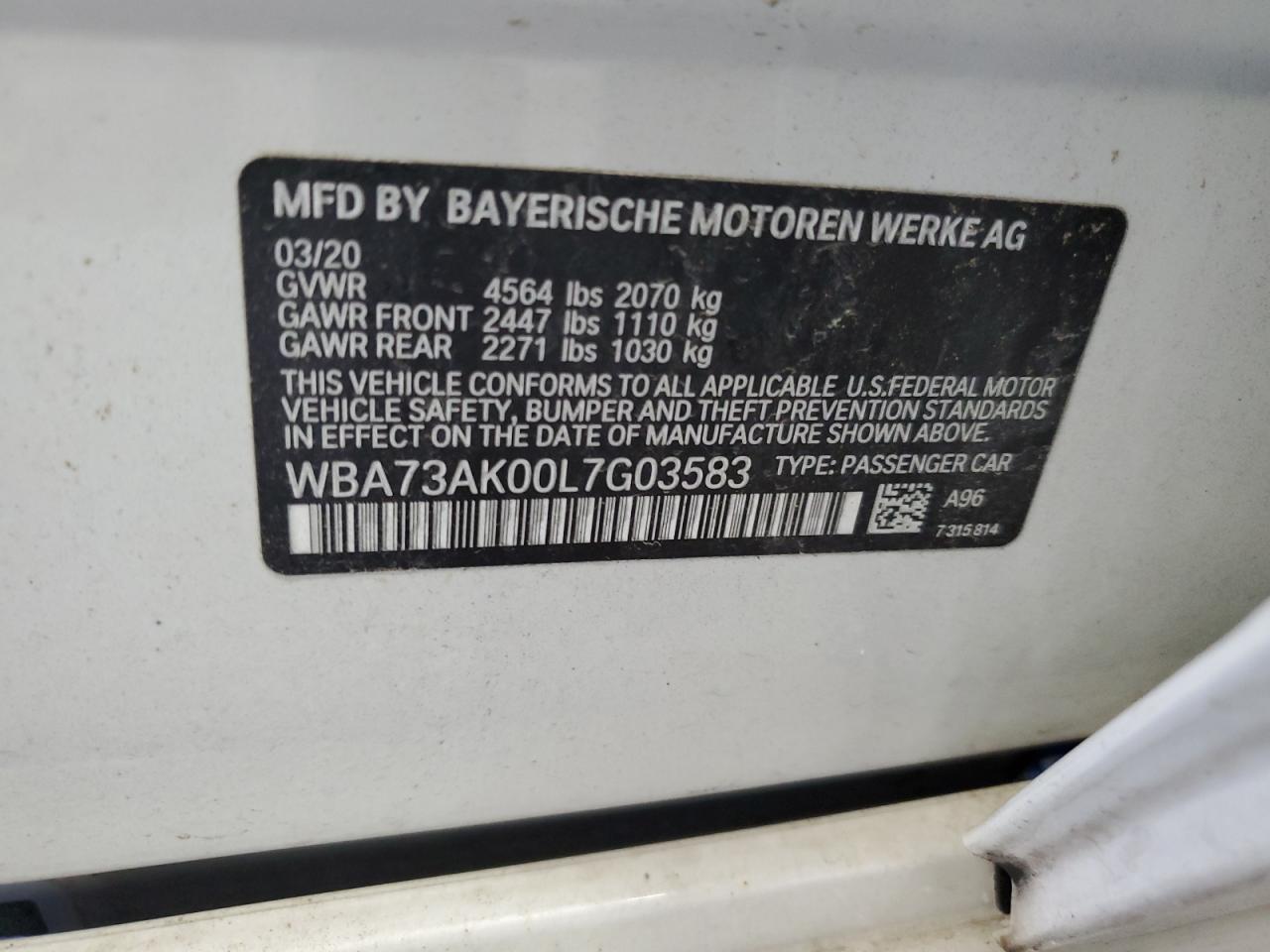 2020 BMW 228Xi VIN: WBA73AK00L7G03583 Lot: 64209765