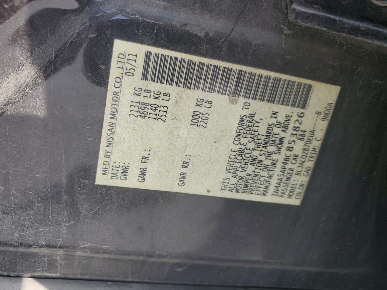 2011 Nissan Maxima S VIN: 1N4AA5AP4BC853826 Lot: 63227775
