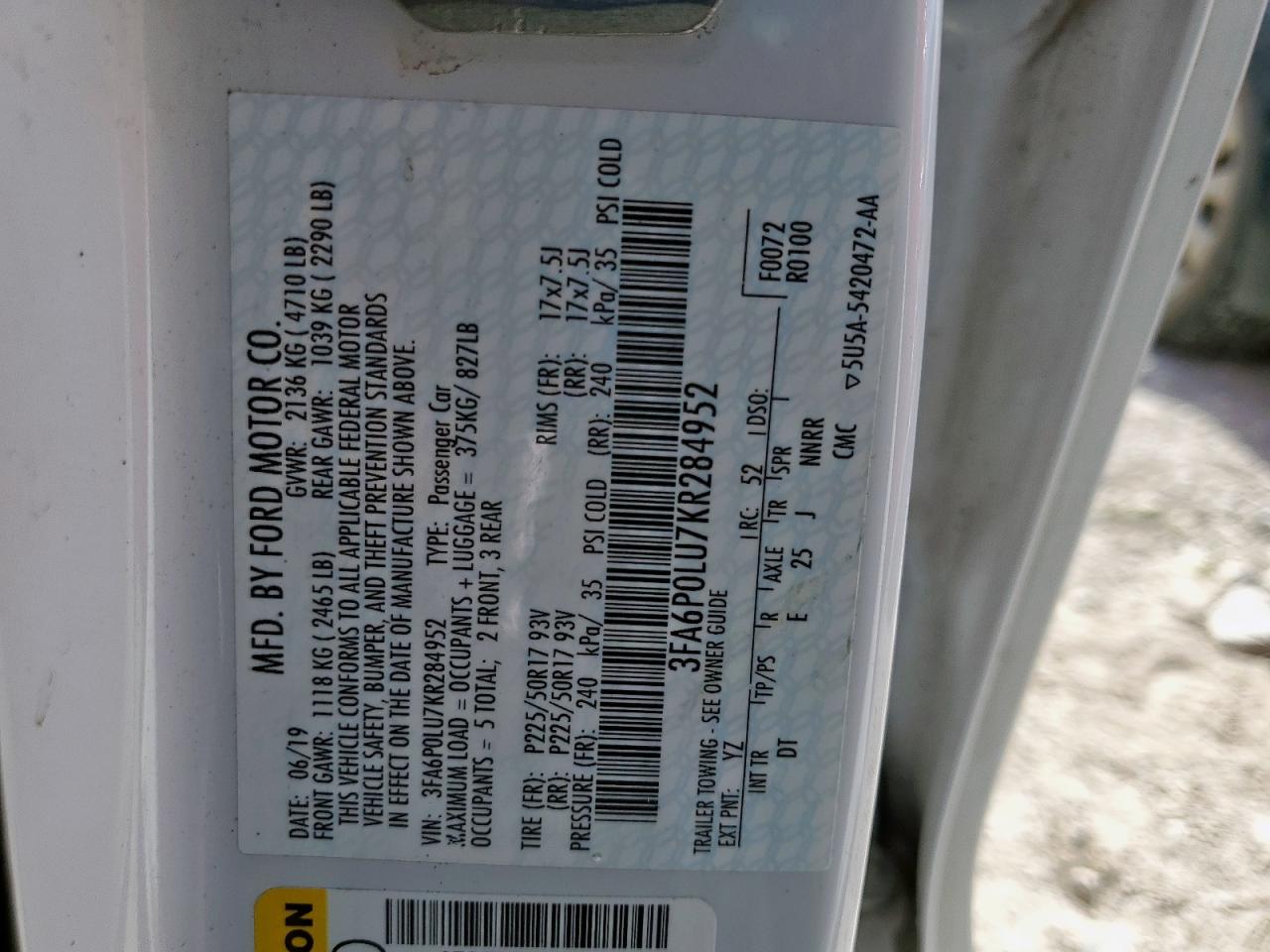 2019 Ford Fusion Se VIN: 3FA6P0LU7KR284952 Lot: 54031815