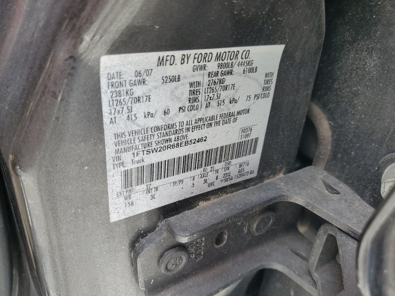 2008 Ford F250 Super Duty VIN: 1FTSW20R68EB52462 Lot: 61984685