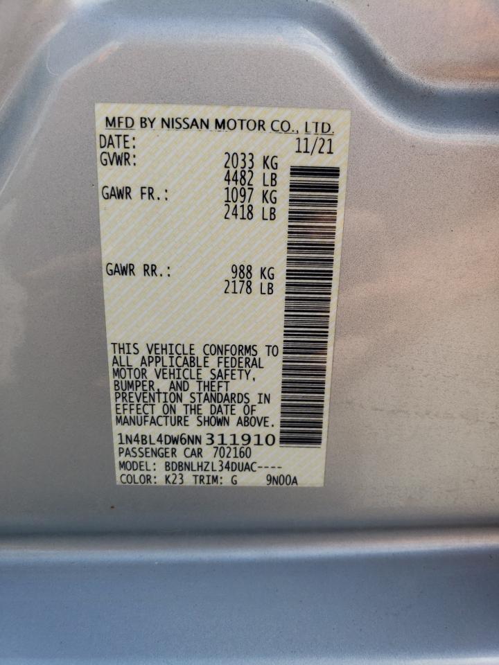 2022 Nissan Altima Sv VIN: 1N4BL4DW6NN311910 Lot: 62877275