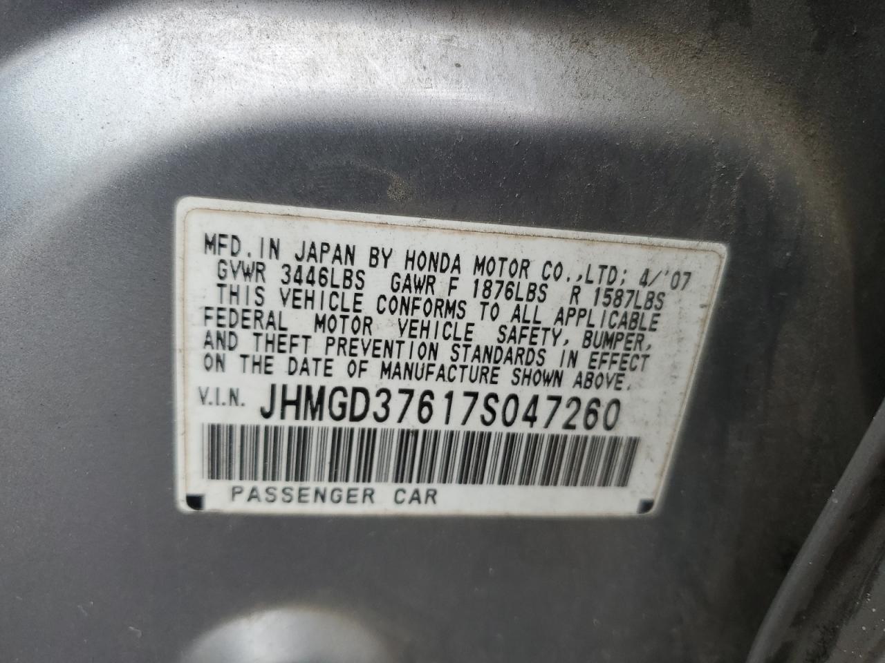 2007 Honda Fit S VIN: JHMGD37617S047260 Lot: 64701395