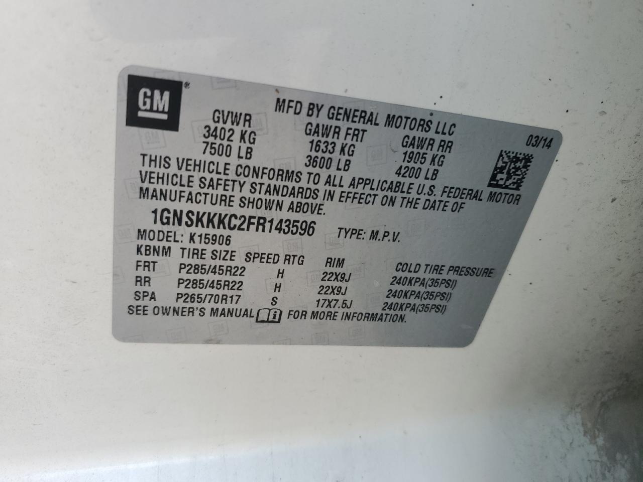 2015 Chevrolet Suburban K1500 Ltz VIN: 1GNSKKKC2FR143596 Lot: 64692455
