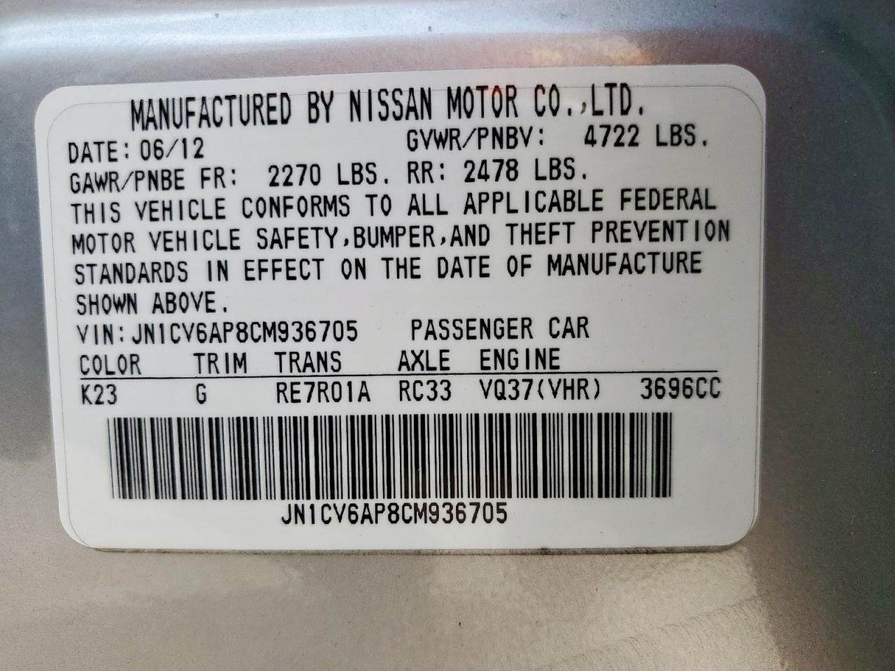 2012 Infiniti G37 Base VIN: JN1CV6AP8CM936705 Lot: 63501275
